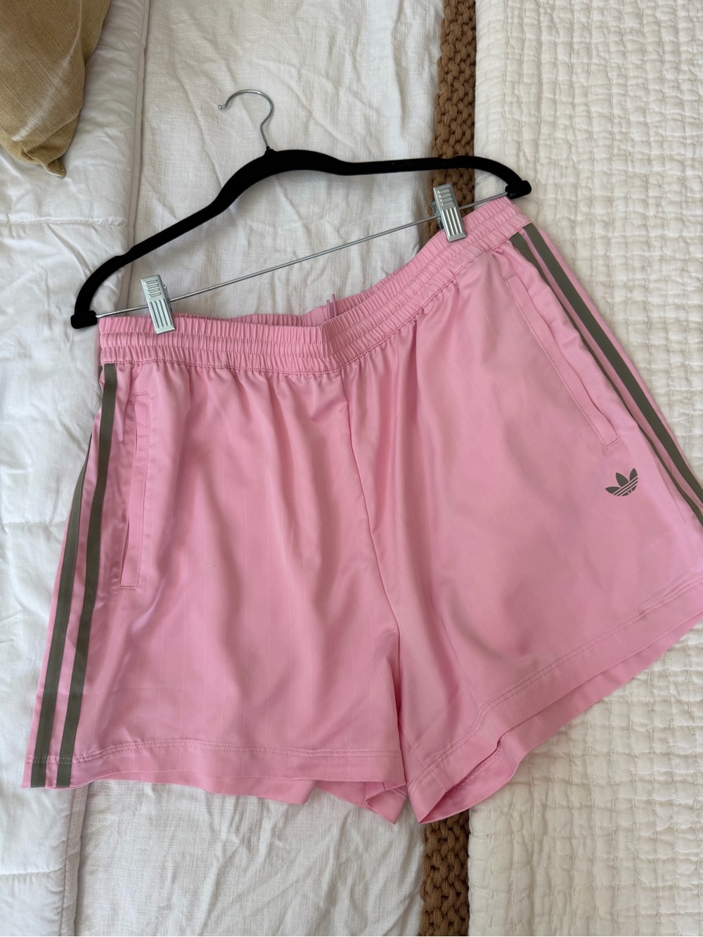 adidas originals pink pinstripe with gray stripes shorts